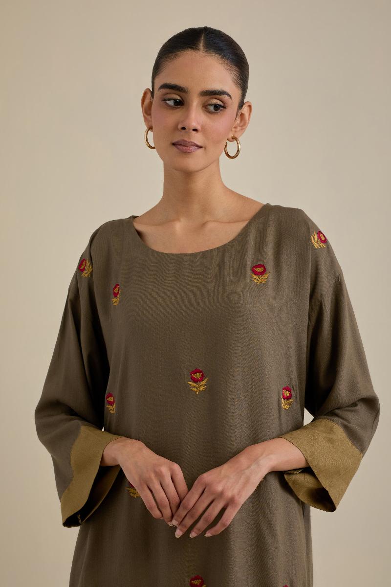 Brown Embroidered Cotton Viscose Co-ord Set- Set of 2