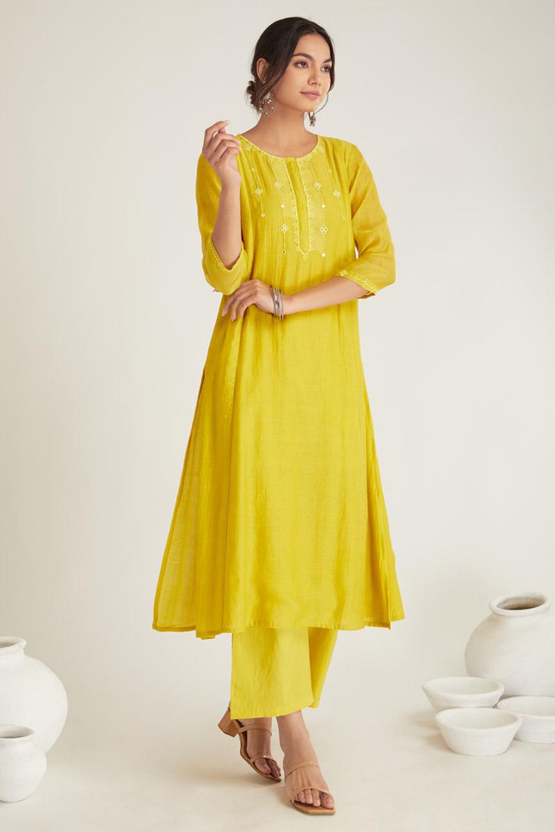 Mustard Yellow Chanderi Suit Set - Set of 3