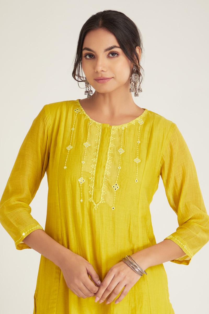 Mustard Yellow Chanderi Suit Set - Set of 3