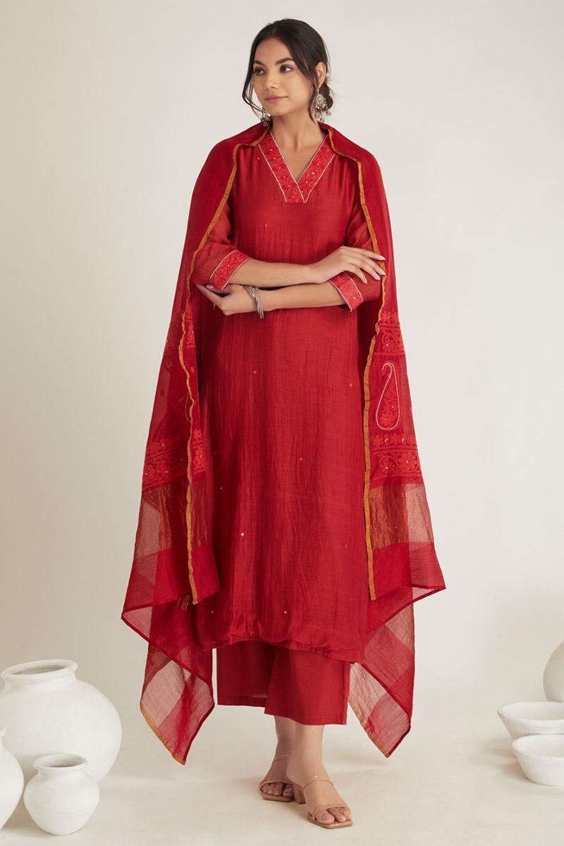 Red Chanderi Suit Set - Set of 3