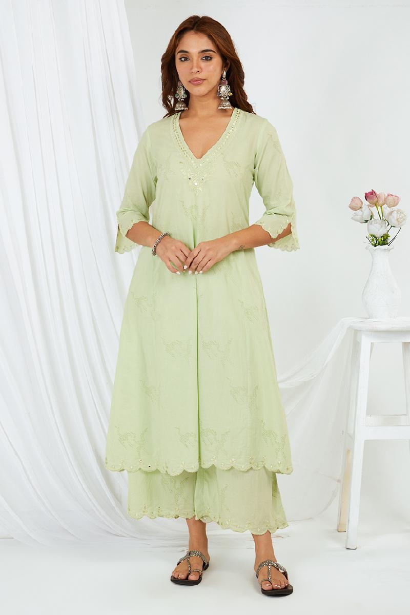 Green Hand Block Printed Cotton Embroidered V-Neck Cotton Suits Set of 3