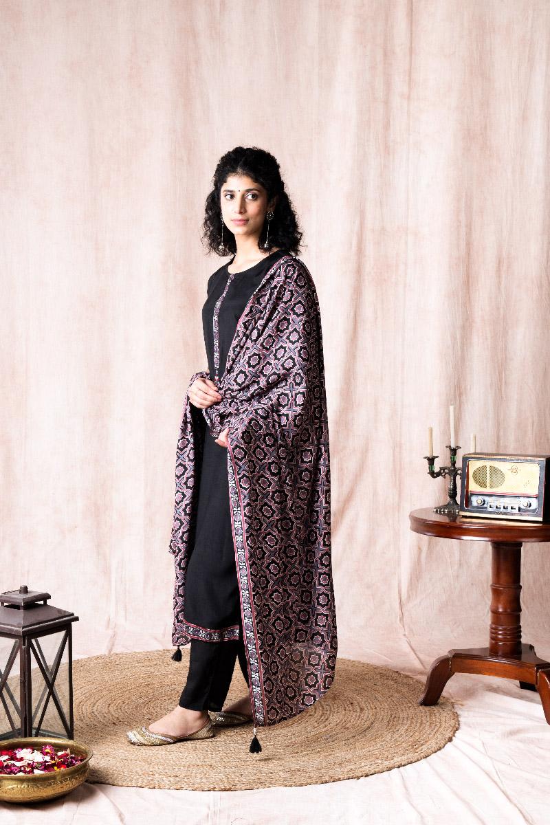 Black Embroidered Muslin Suit Set - Set of 3