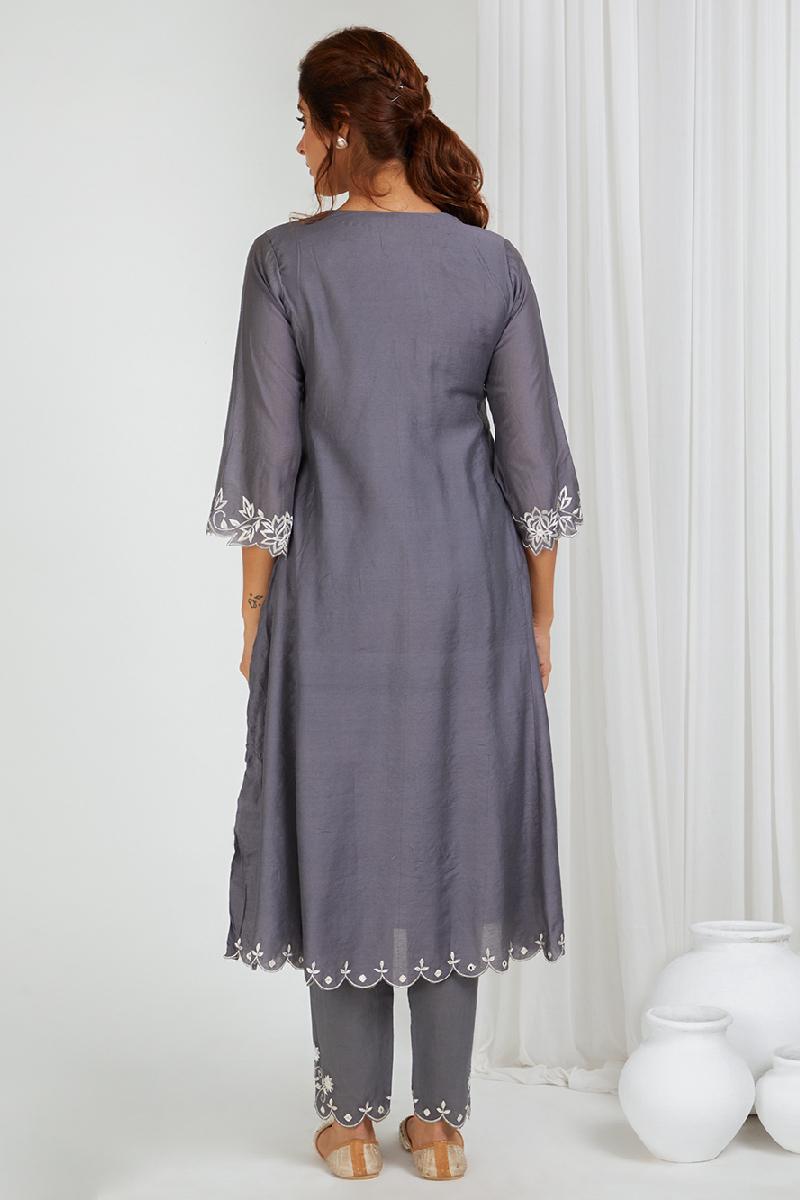 Grey Embroidered Chanderi Kurta