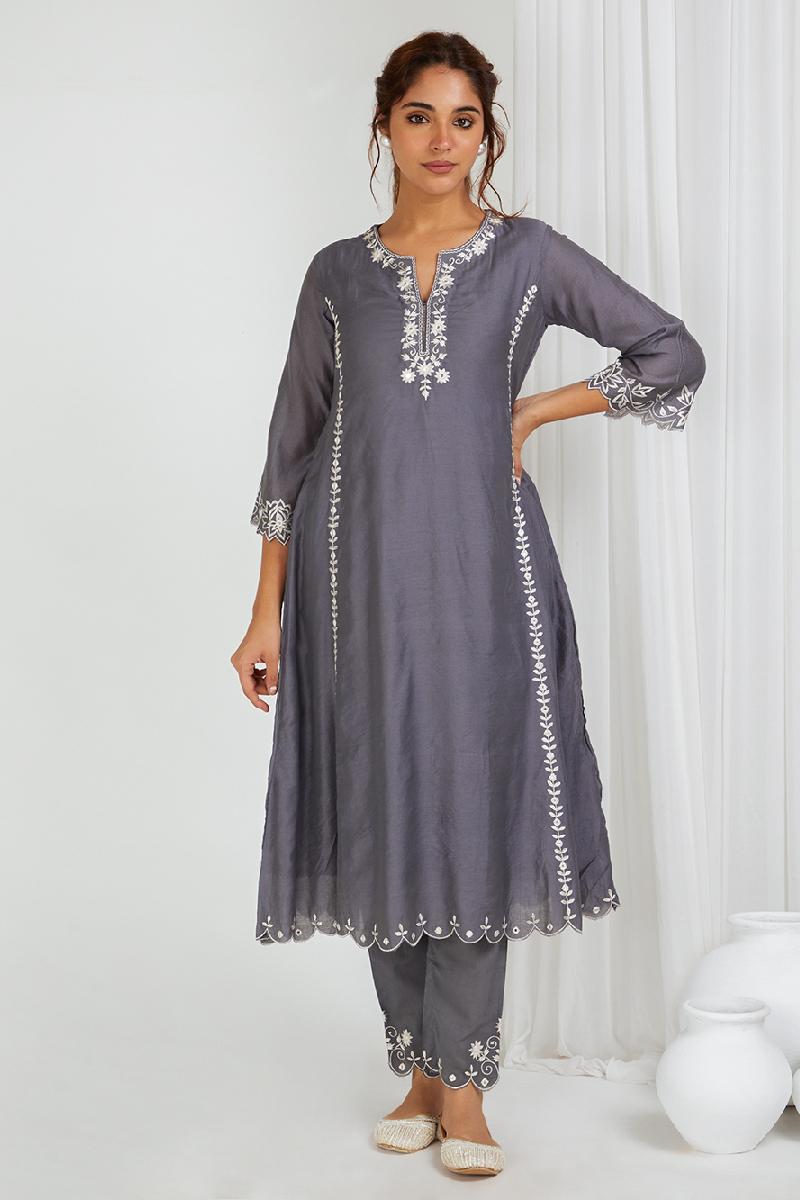 Grey Embroidered Chanderi Kurta with Pants- Set of 2