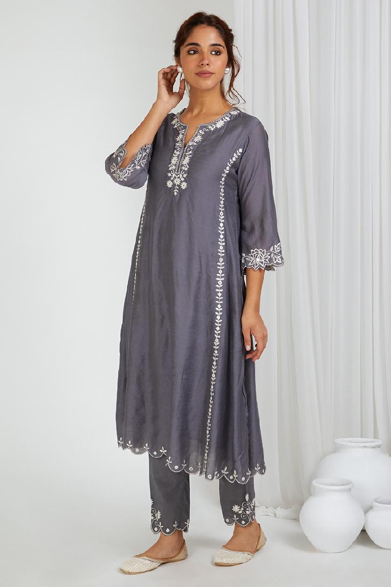 Grey Embroidered Chanderi Kurta with Pants- Set of 2