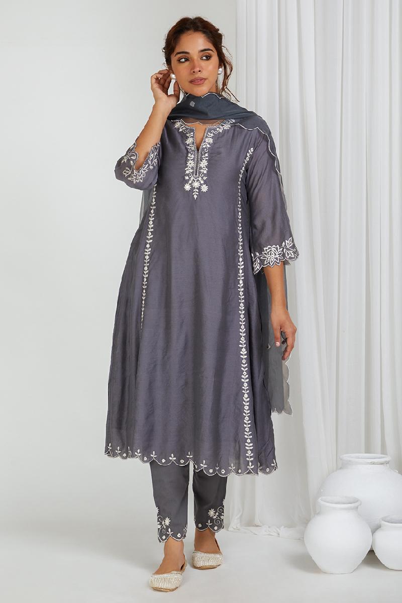 Grey Embroidered Chanderi Kurta with Pants- Set of 2