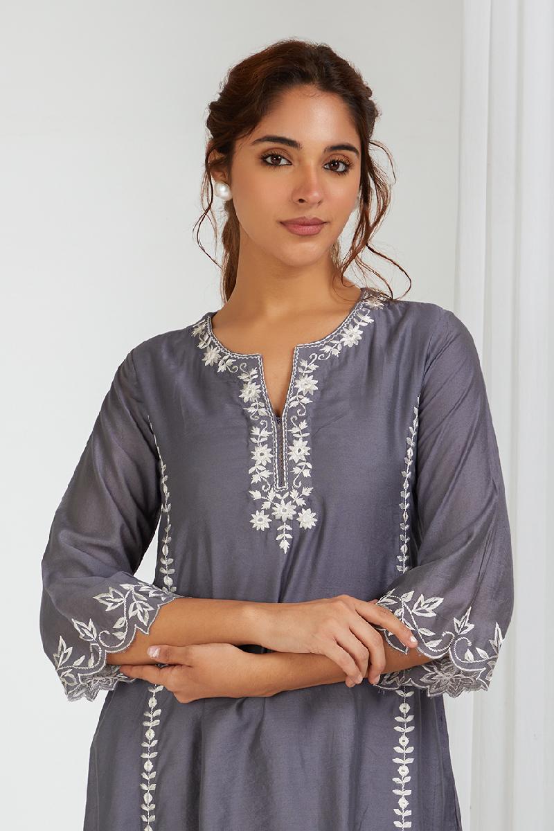 Grey Embroidered Chanderi Kurta