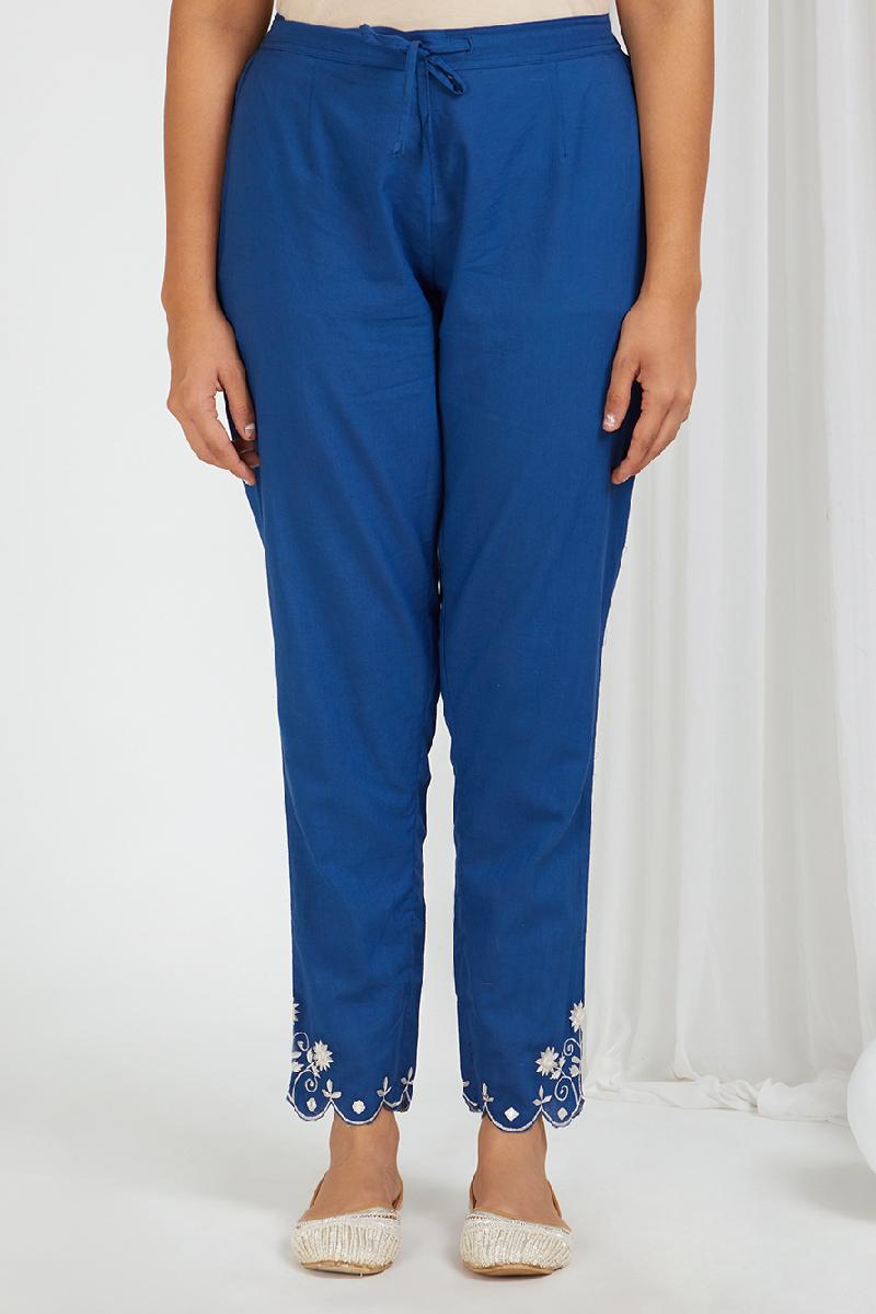 Blue Embroidered Cambric Cotton Pants