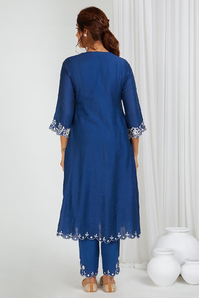 Blue Embroidered Chanderi Kurta