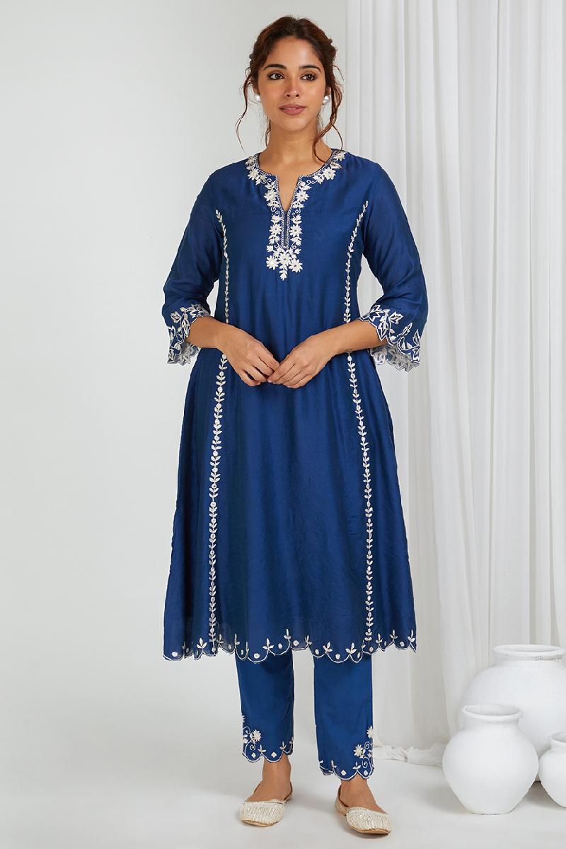 Blue Embroidered Chanderi Kurta with Pants- Set of 2