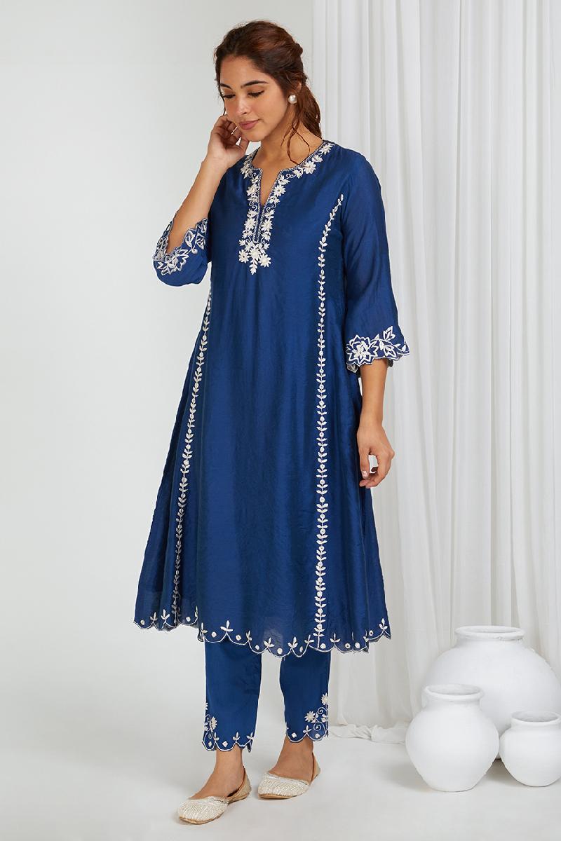 Blue Embroidered Chanderi Kurta with Pants- Set of 2