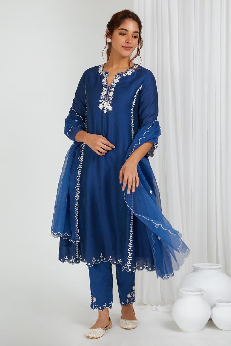 Blue Embroidered Chanderi Kurta