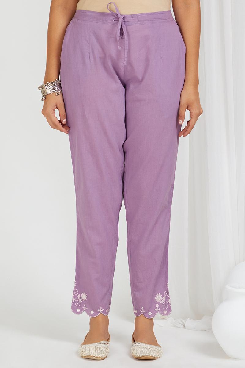 Purple Embroidered Cambric Cotton Pants