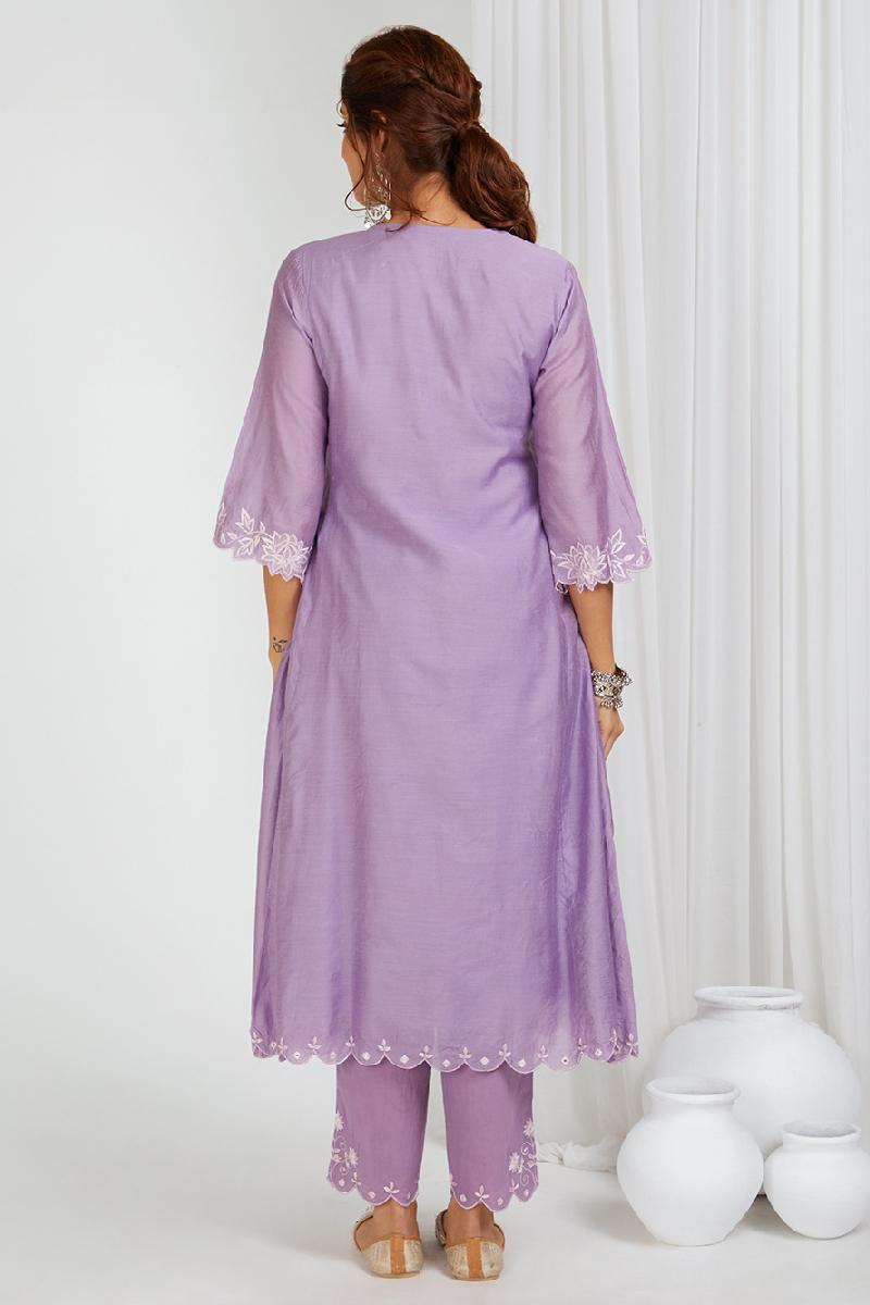 Purple Embroidered Chanderi Kurta with Pants- Set of 2