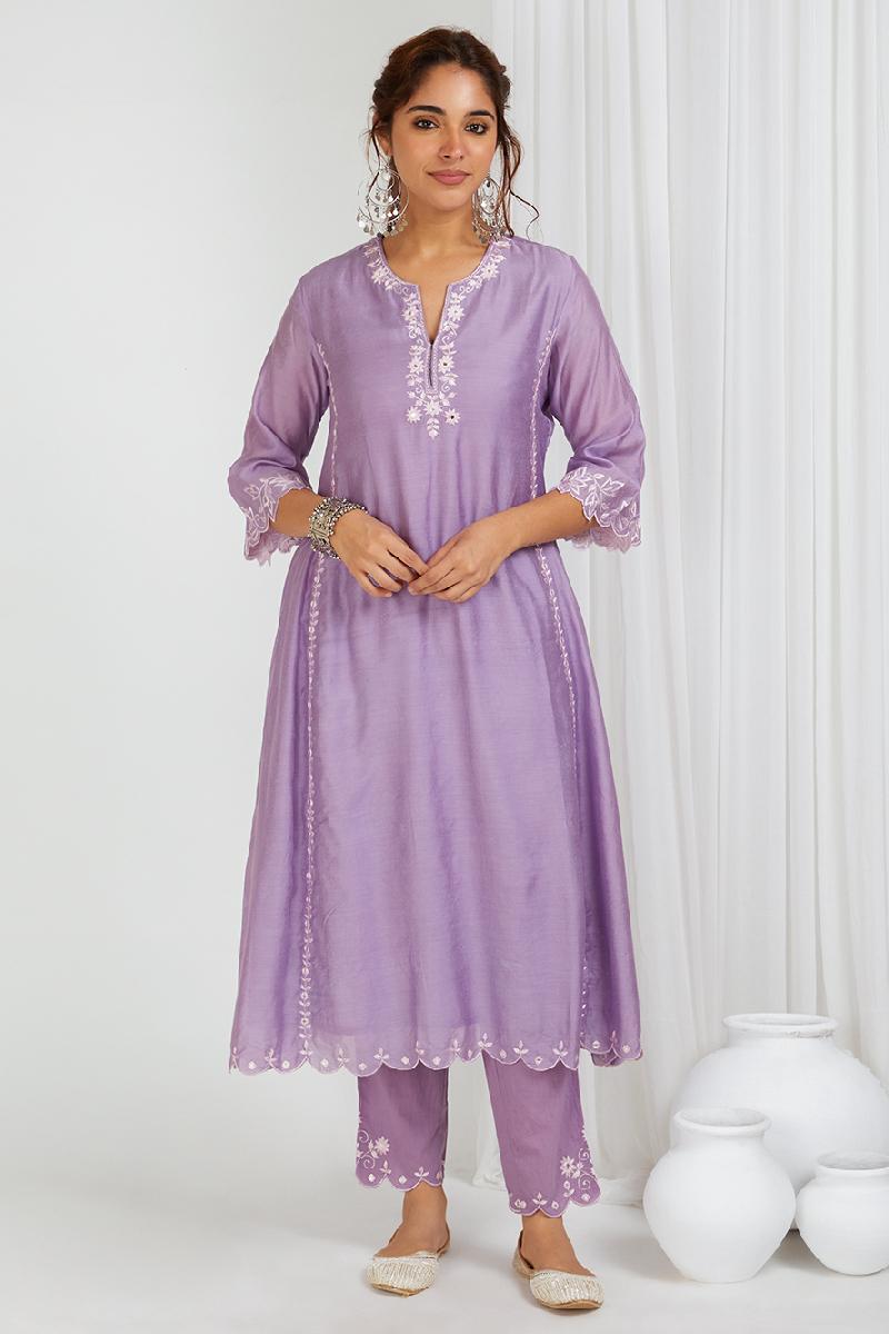 Purple Embroidered Chanderi Kurta