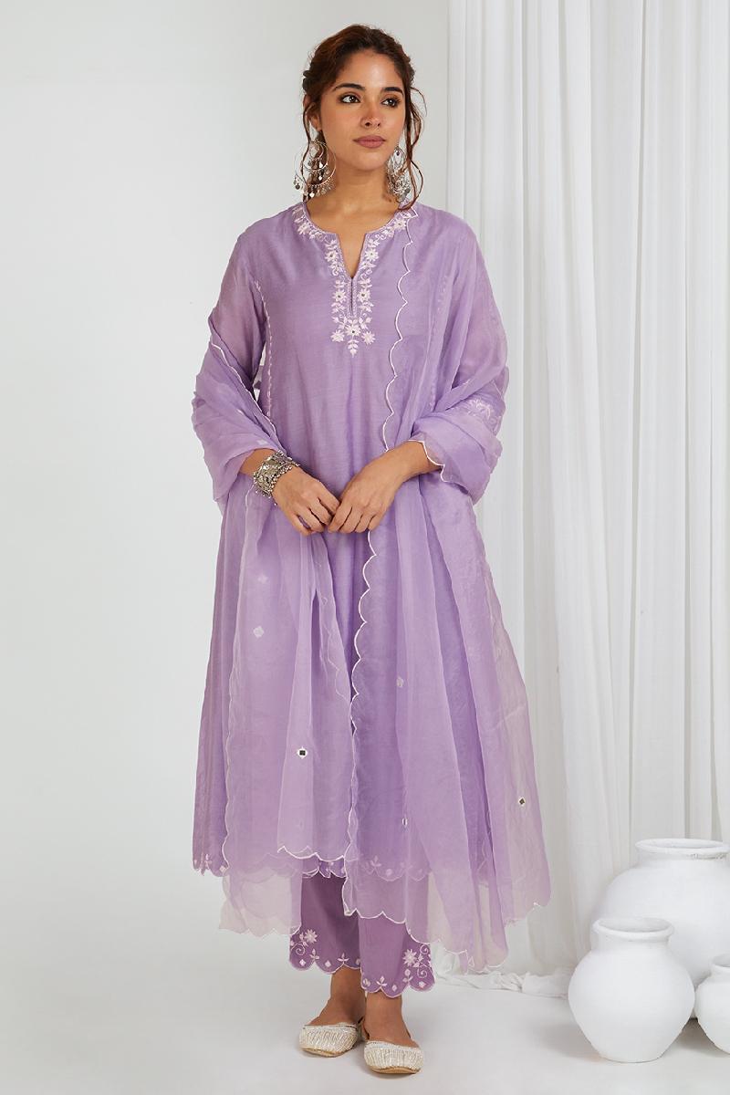 Purple Embroidered Chanderi Kurta with Pants- Set of 2