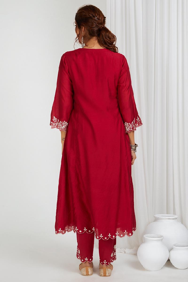 Red Embroidered Chanderi Kurta