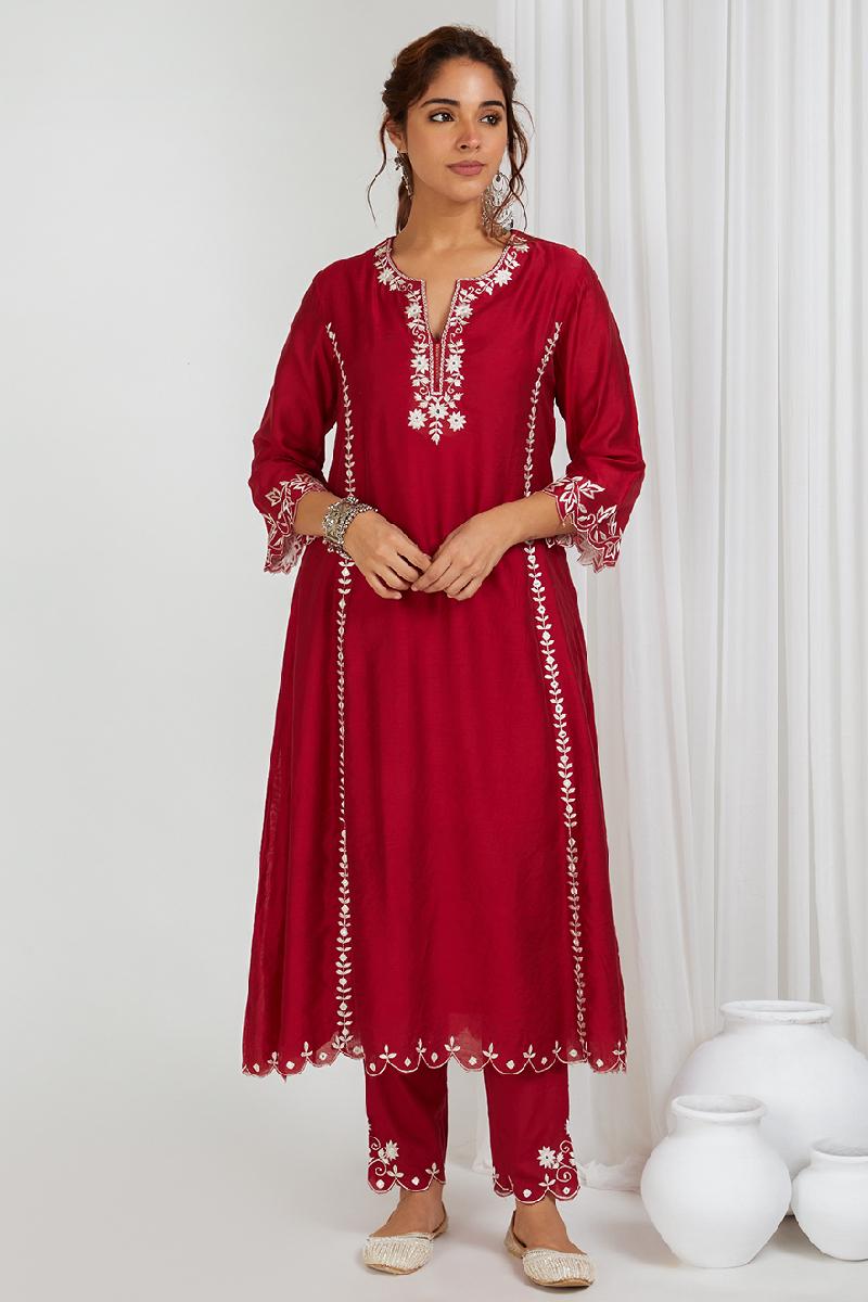 Red Embroidered Chanderi Kurta