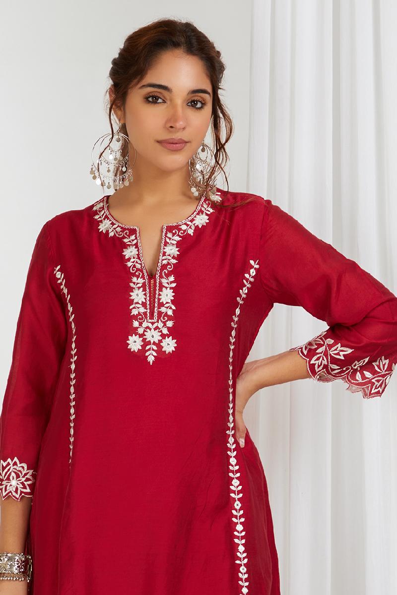 Red Embroidered Chanderi Kurta