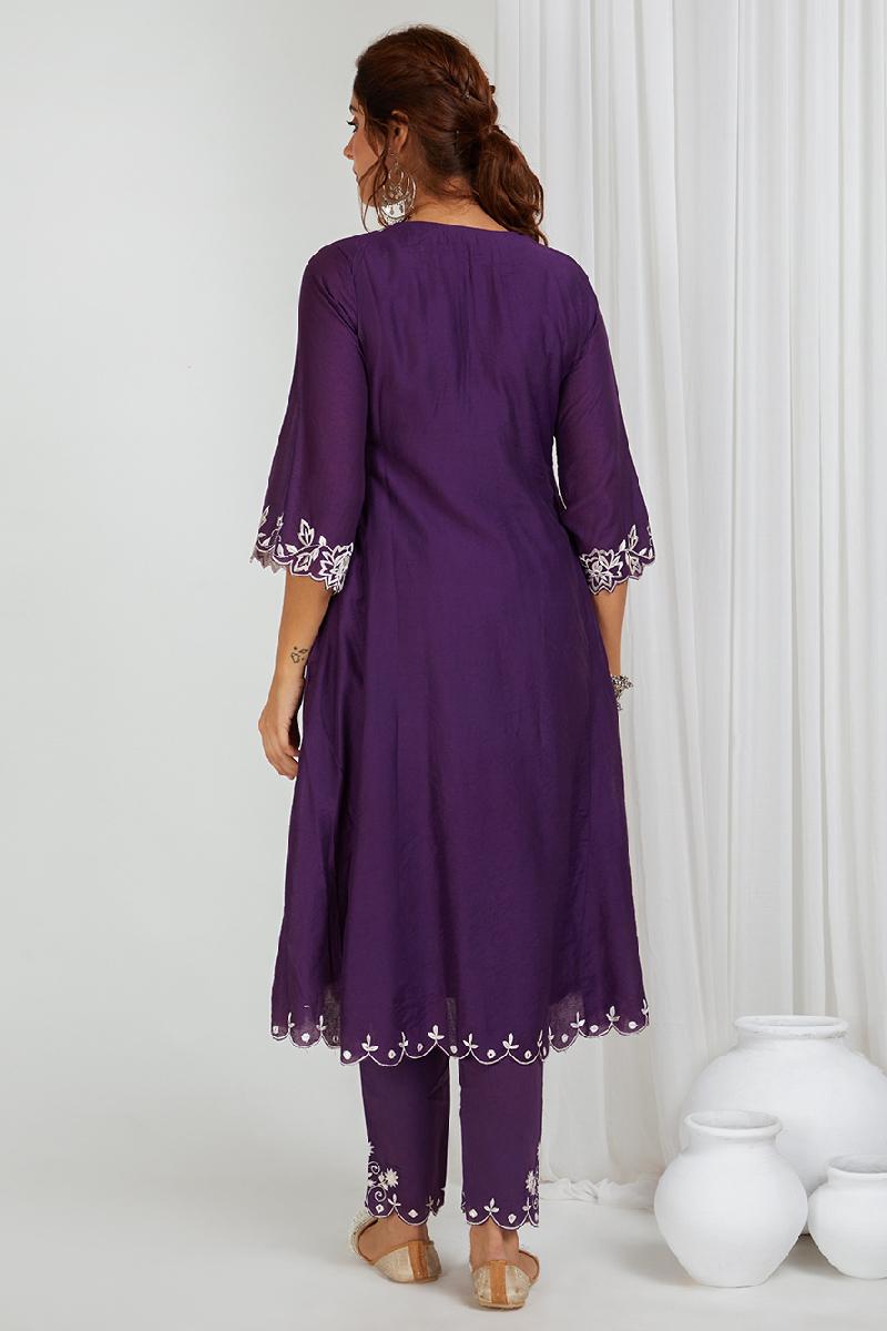 Purple Embroidered Chanderi Kurta