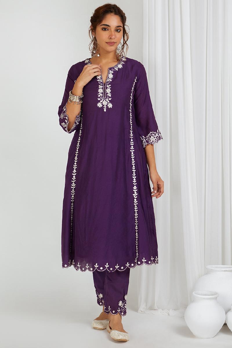 Purple Embroidered Chanderi Kurta