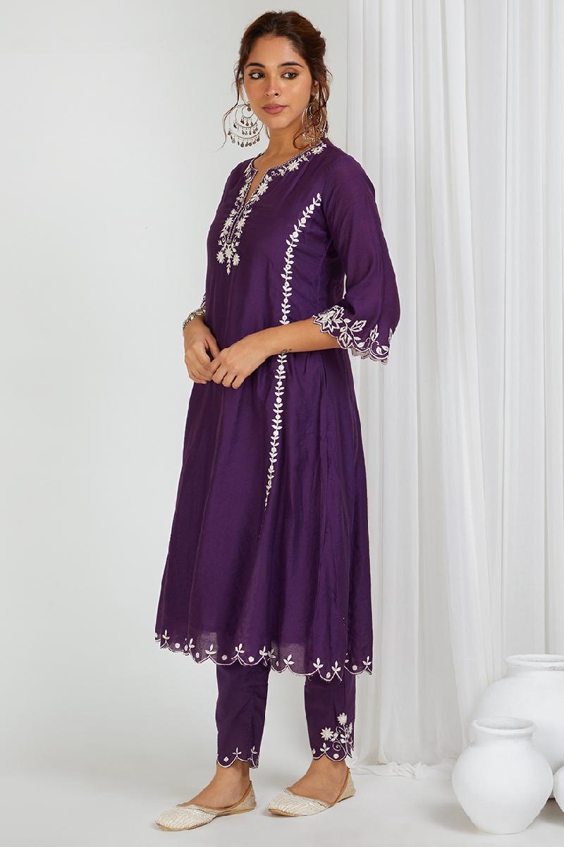 Purple Embroidered Chanderi Kurta with Pants- Set of 2