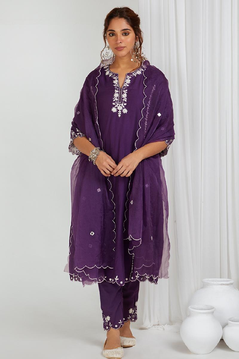 Purple Embroidered Chanderi Kurta with Pants- Set of 2