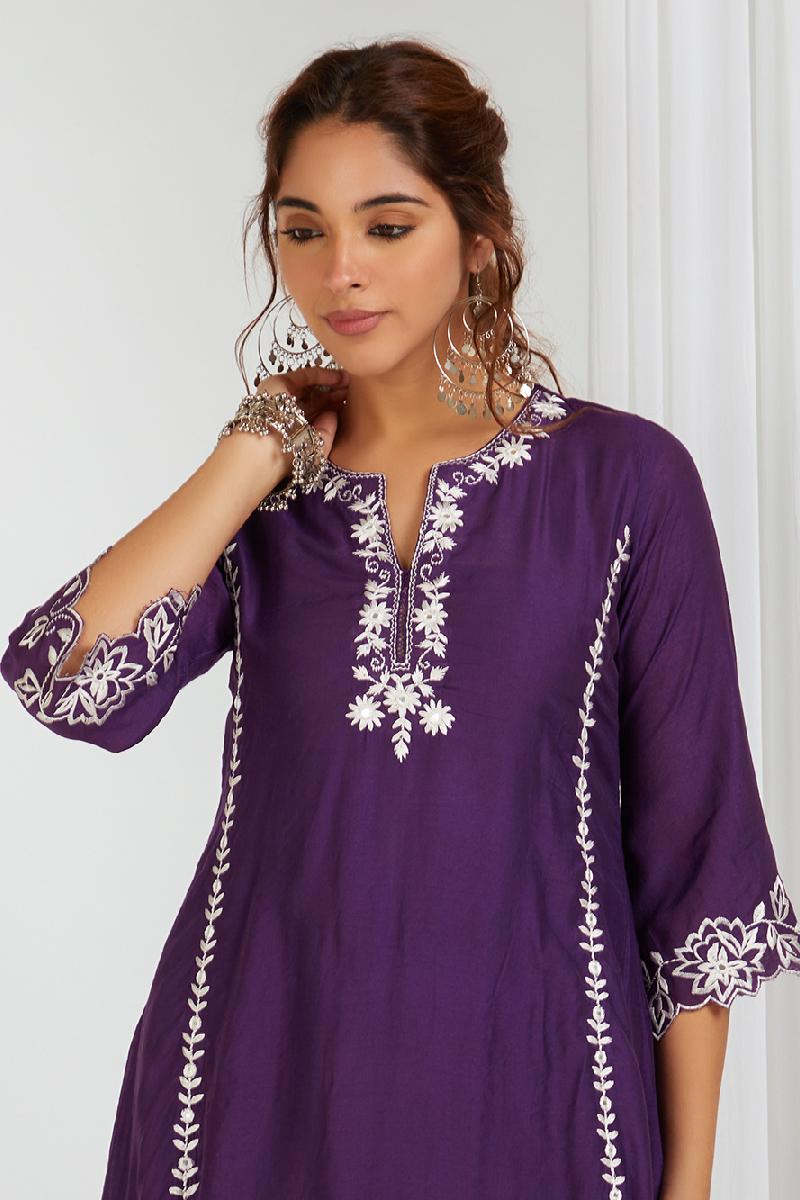 Purple Embroidered Chanderi Kurta with Pants- Set of 2