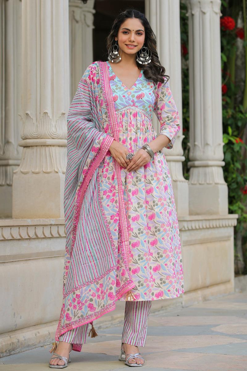 Floral Printed Empire Kurta with Palazzos & With Dupatta- Set of 3 Pcs