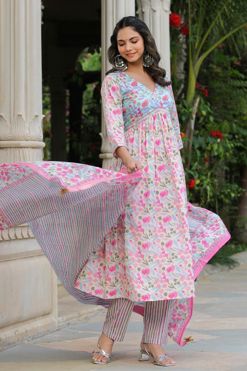 Floral Printed Empire Kurta with Palazzos & With Dupatta- Set of 3 Pcs