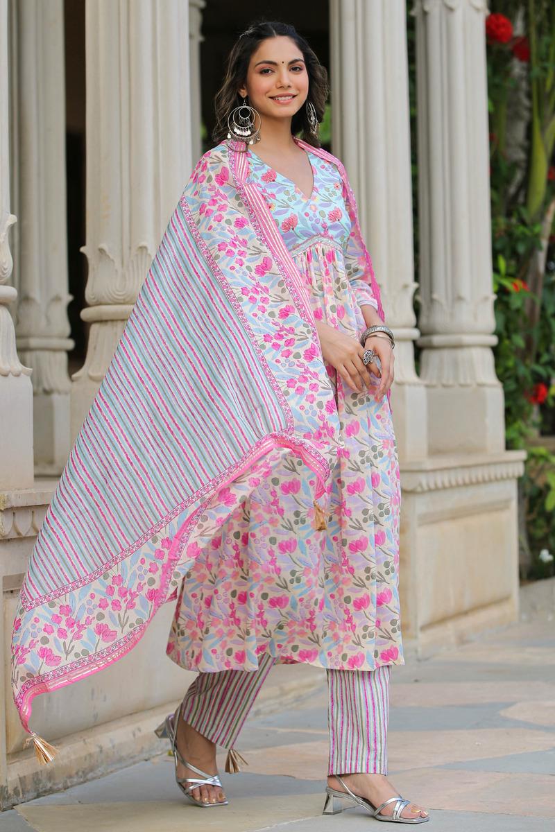 Floral Printed Empire Kurta with Palazzos & With Dupatta- Set of 3 Pcs