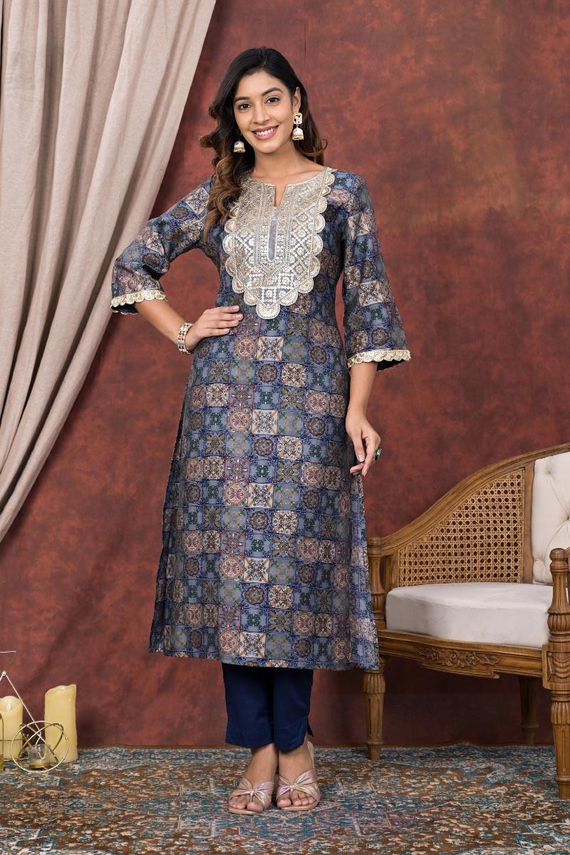 Blue Printed Modal Chanderi Embroidered Kurta with Pants- Set of 2