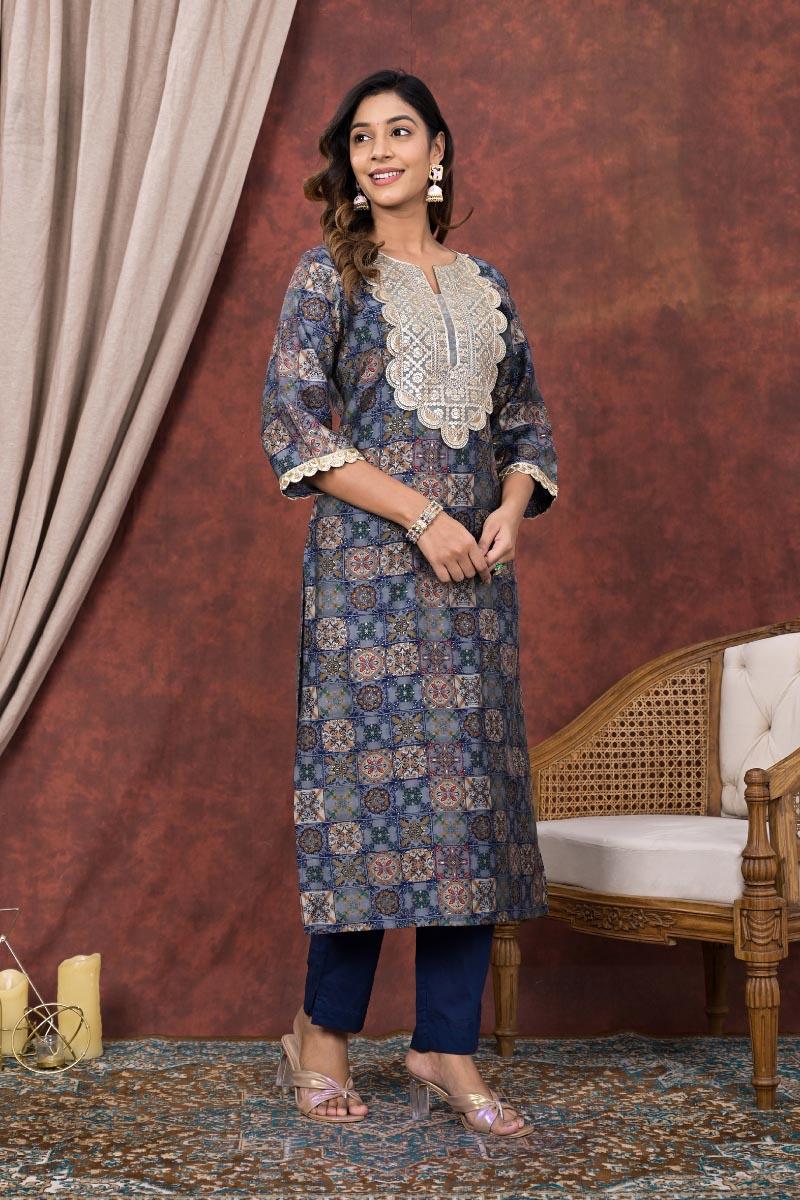 Blue Printed Modal Chanderi Embroidered Kurta with Pants- Set of 2