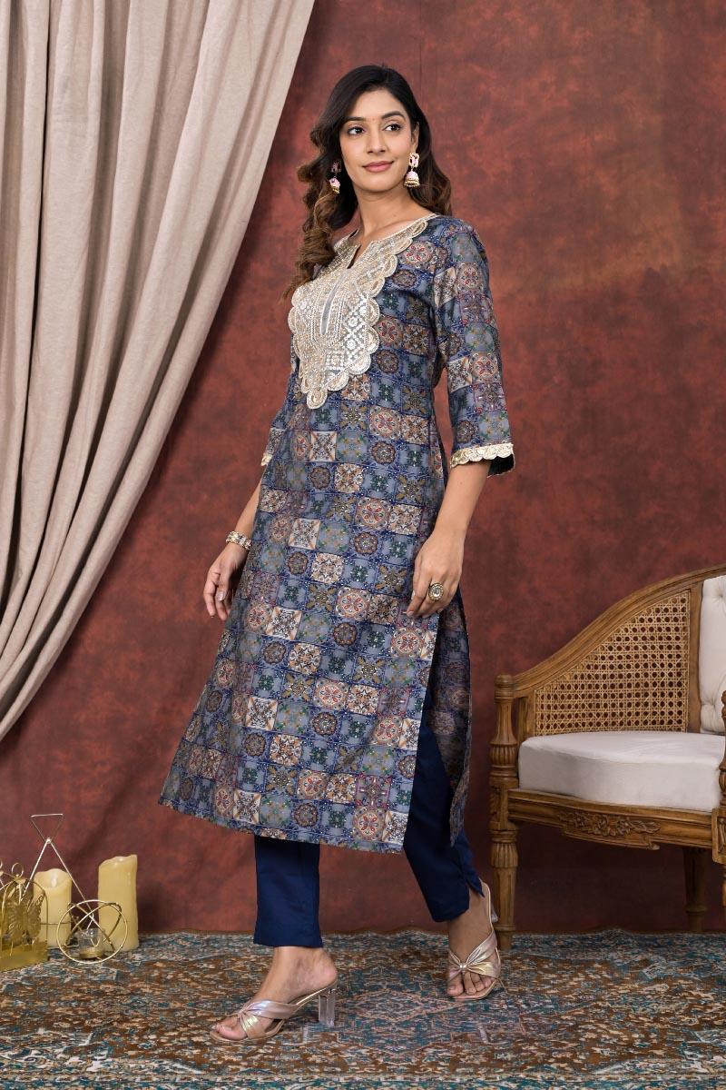 Blue Printed Modal Chanderi Embroidered Kurta with Pants- Set of 2