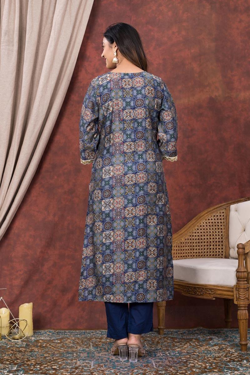 Blue Printed Modal Chanderi Embroidered Kurta with Pants- Set of 2