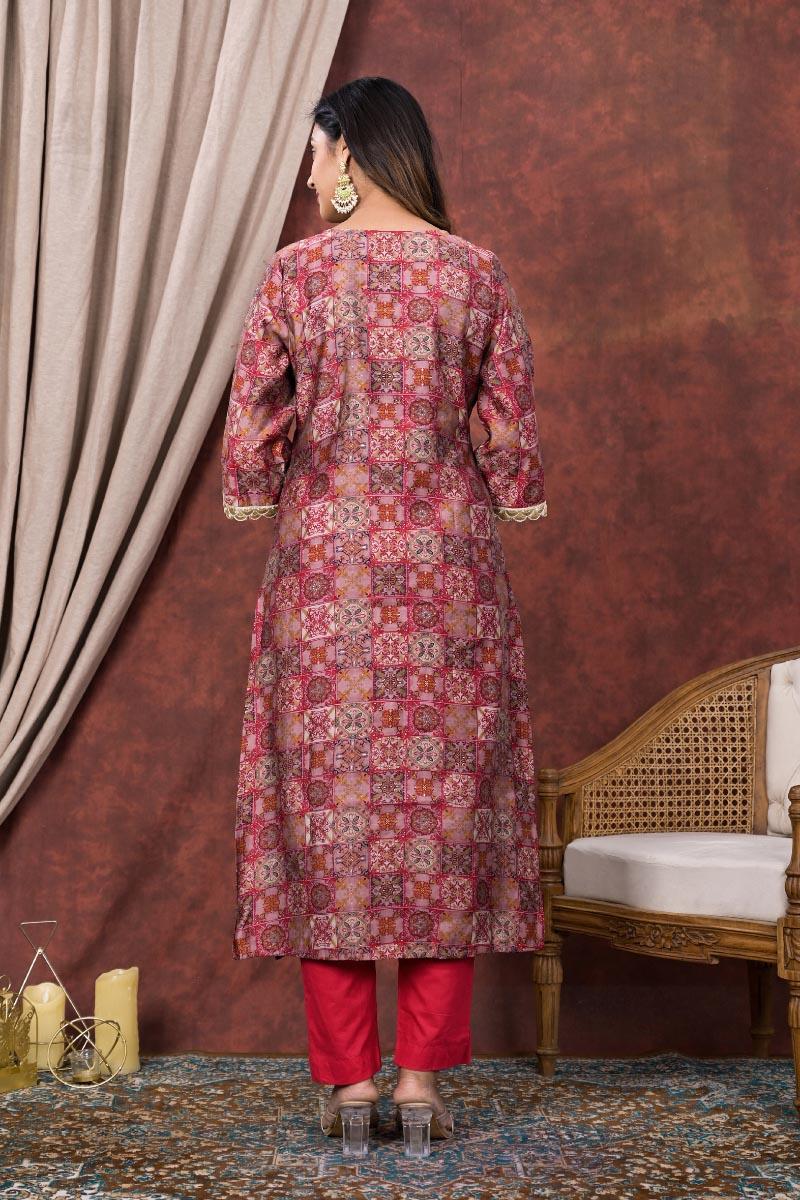 Red Printed Modal Chanderi Embroidered Kurta with Pants- Set of 2