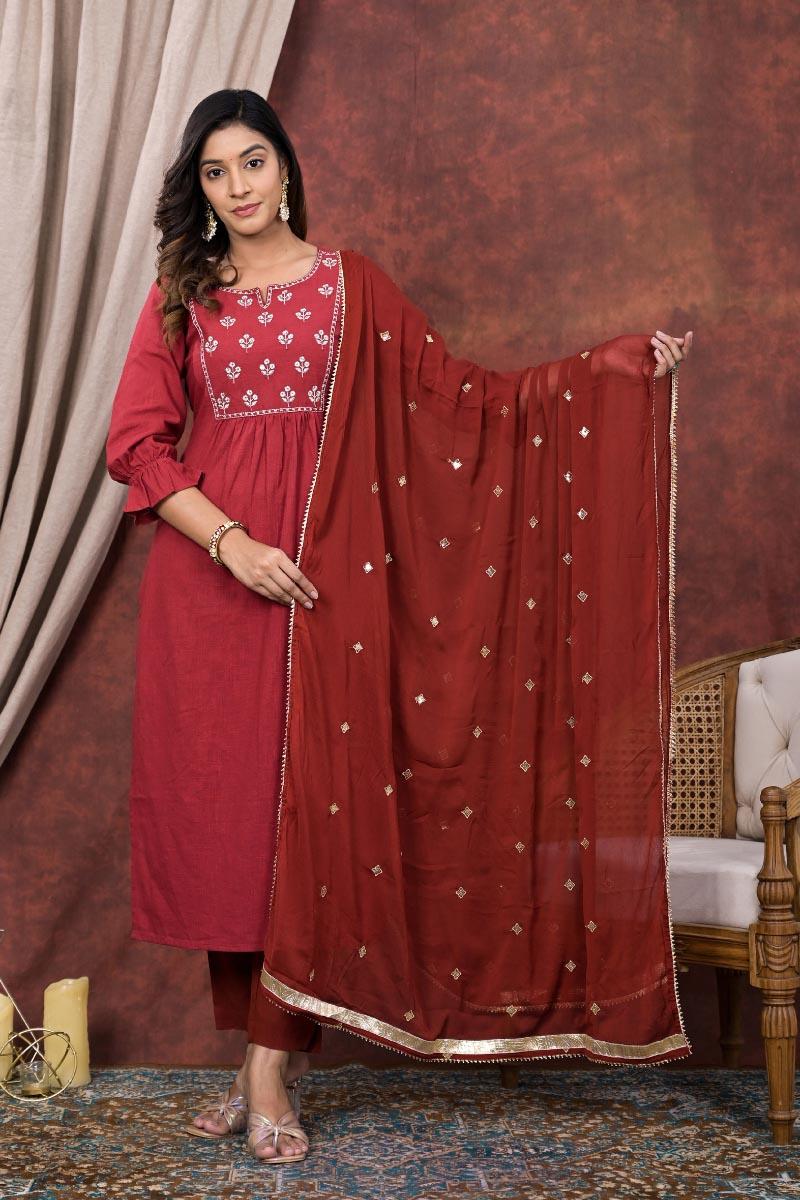 Maroon Cotton Straight Kurta With Zari Embroidery Detailing Suit - Set  of 3