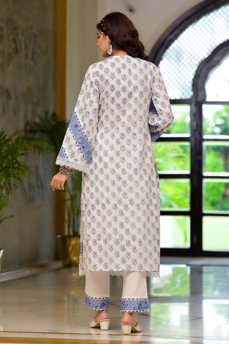 White Hand Block Printed Cotton Suit- Set of 3