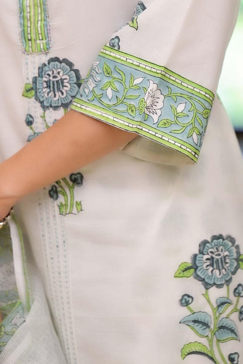 White Hand Block Printed Cotton Suit- Set of 3