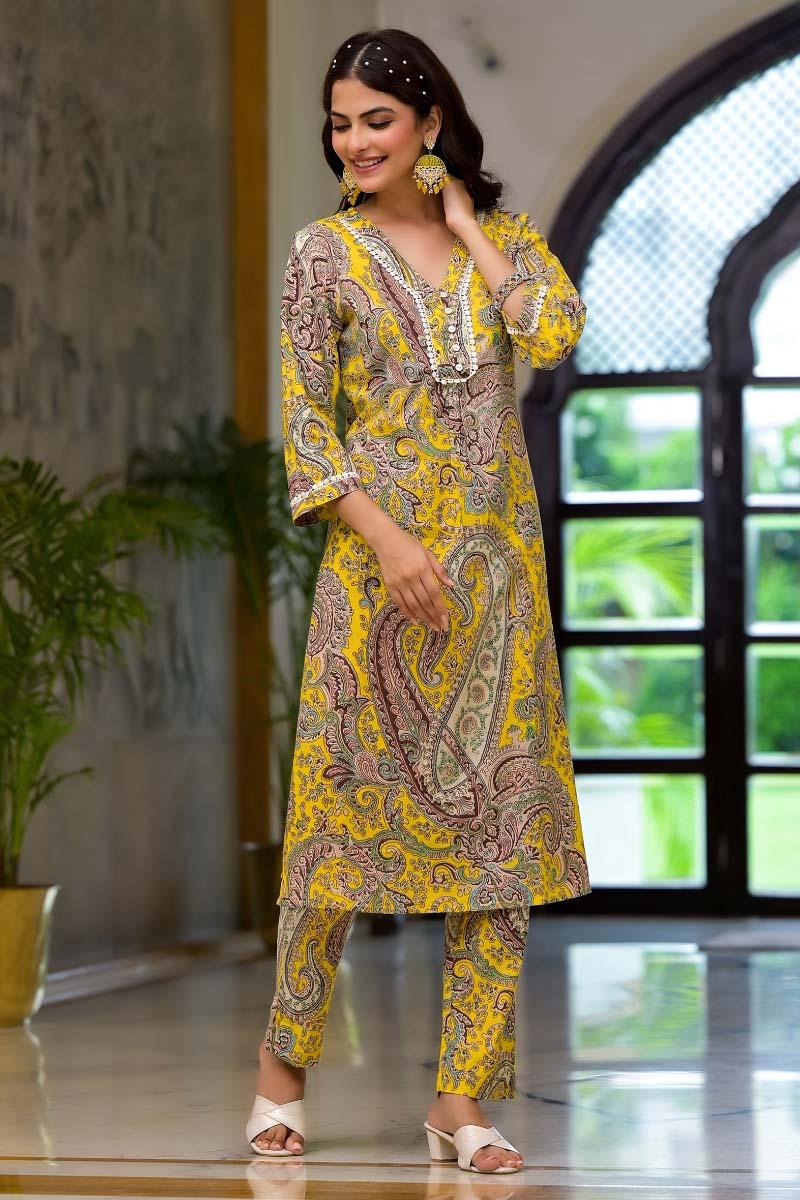 Yellow Printed Cotton Kurta with Pants- Set of 2