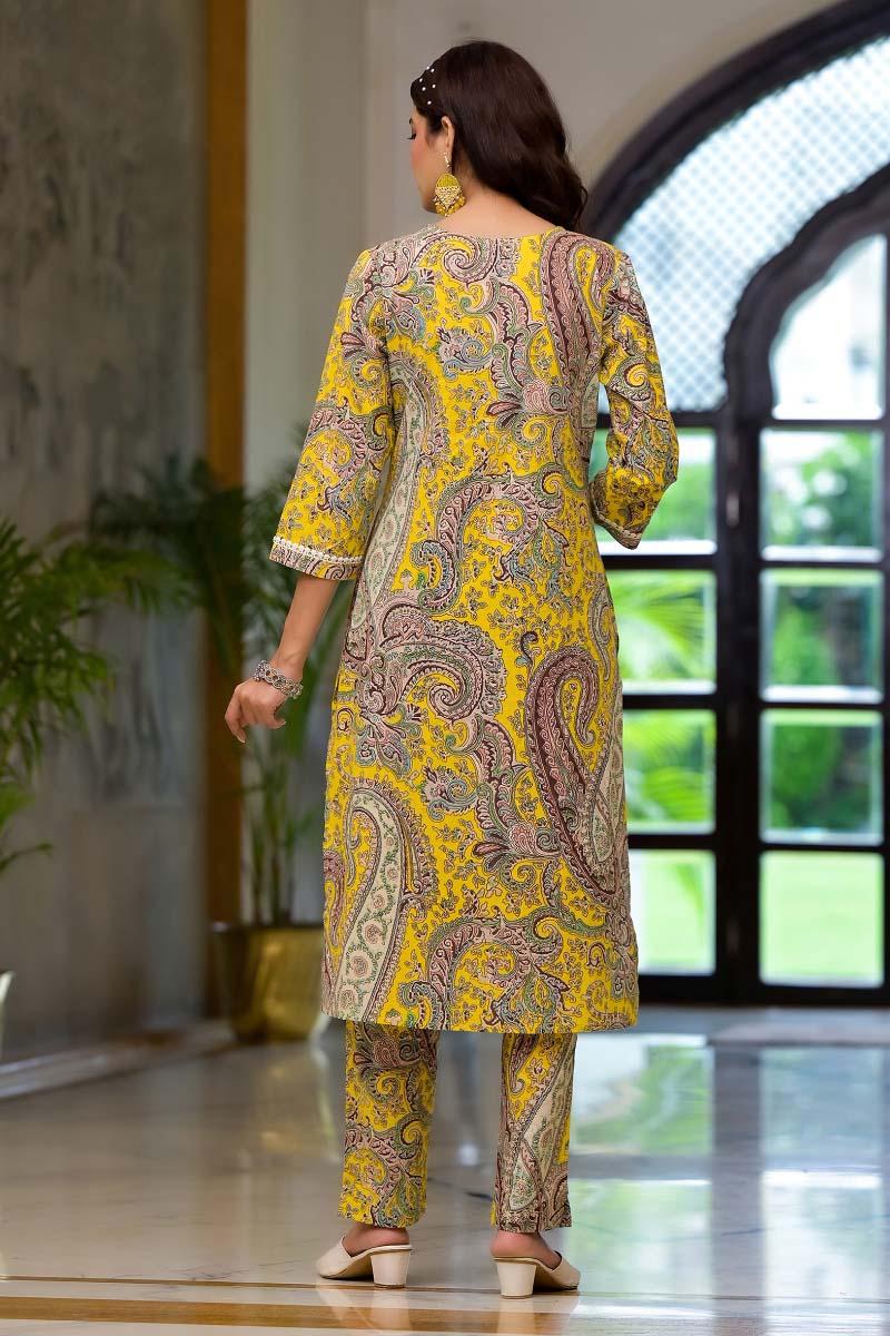 Yellow Printed Cotton Kurta with Pants- Set of 2