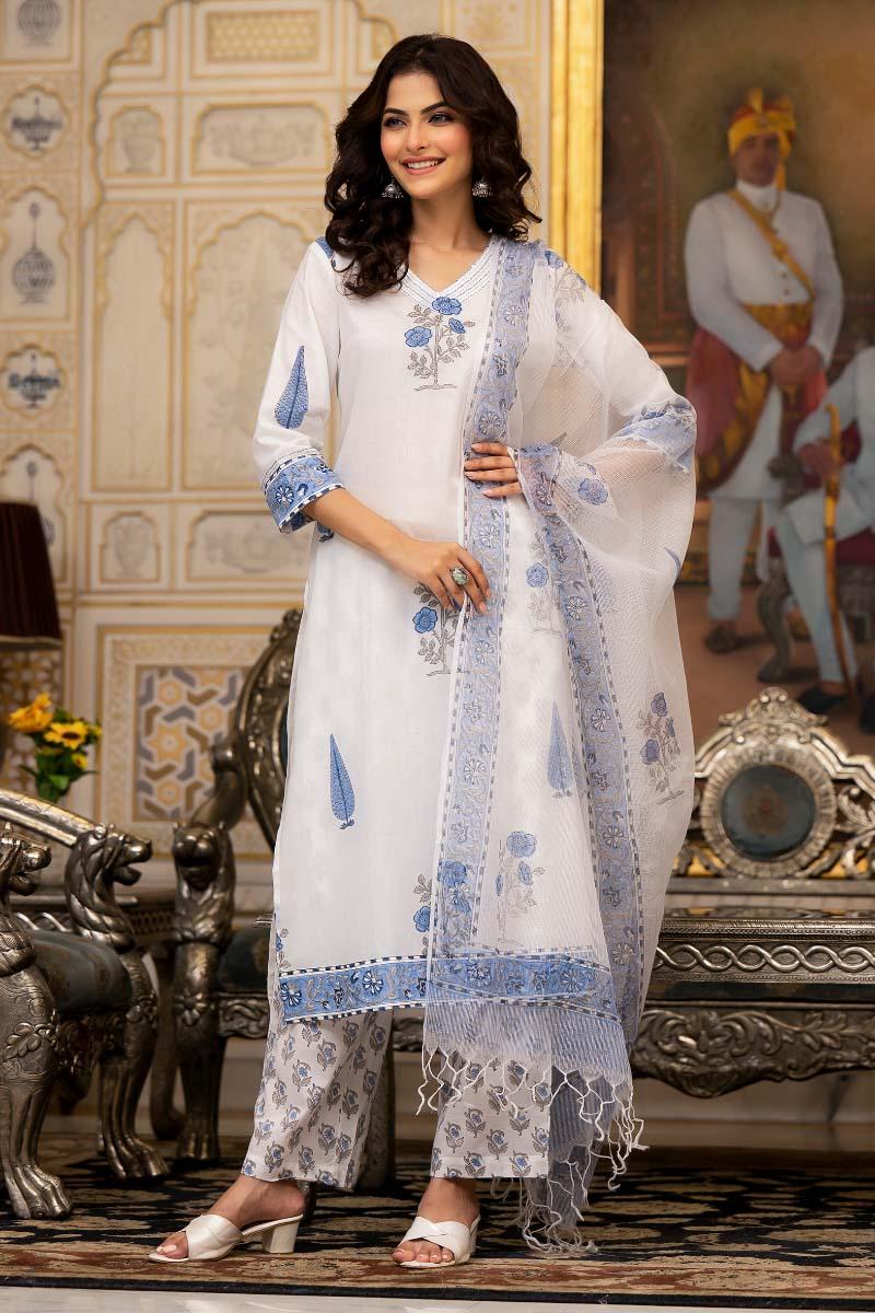 White Hand Block Printed Cotton Suit- Set - 3