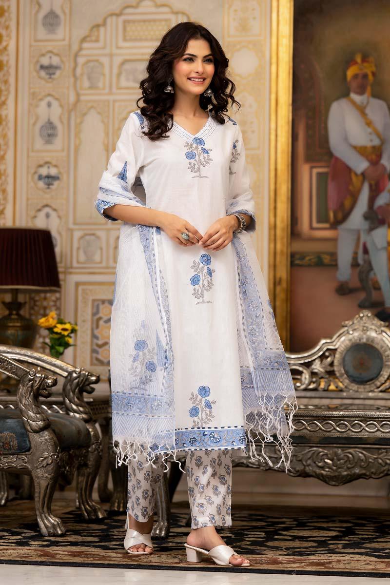 White Hand Block Printed Cotton Suit- Set - 3