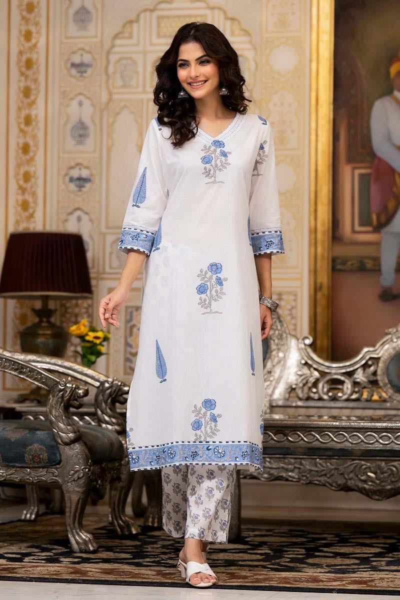 White Hand Block Printed Cotton Suit- Set - 3