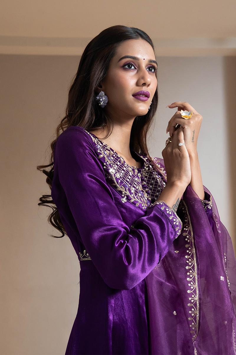 Purple Pure Gaji Silk Suit Set