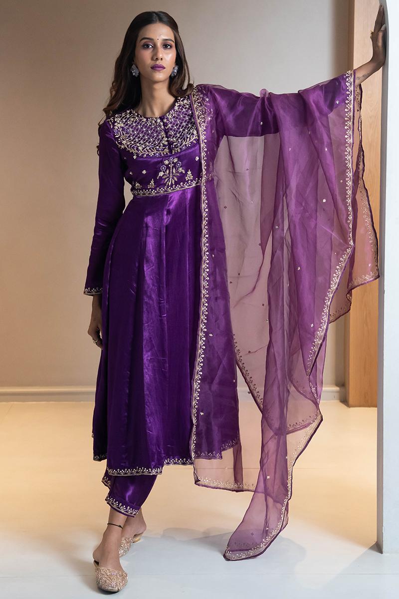 Purple Pure Gaji Silk Suit Set