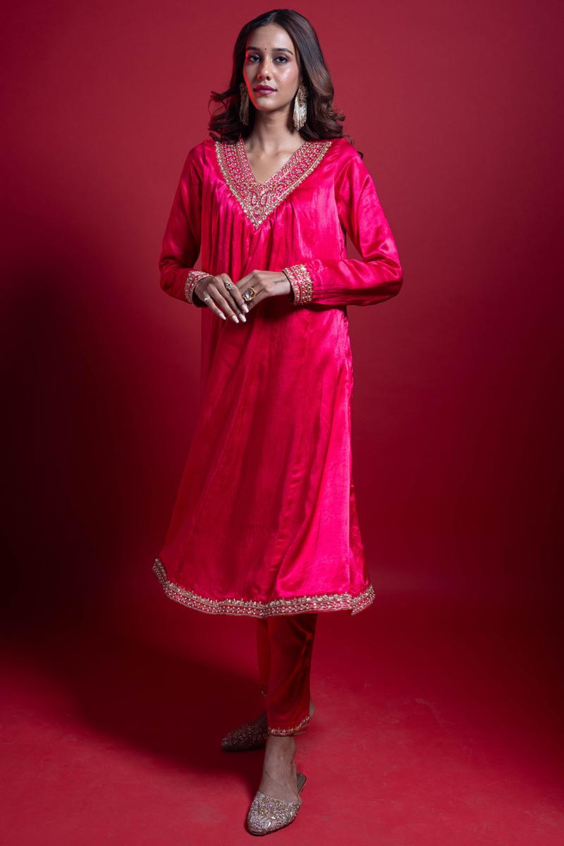 Hot Pink Pure Gaji Silk Suit Set