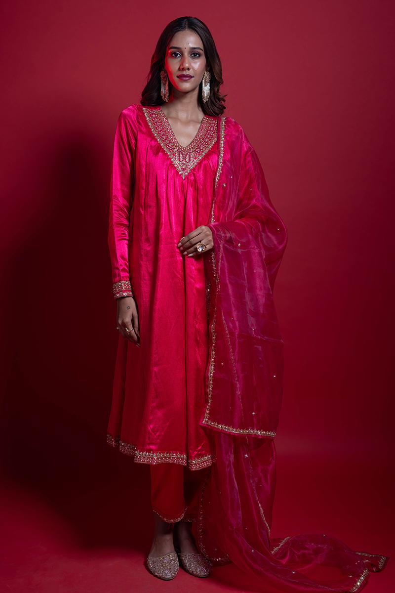 Hot Pink Pure Gaji Silk Suit Set