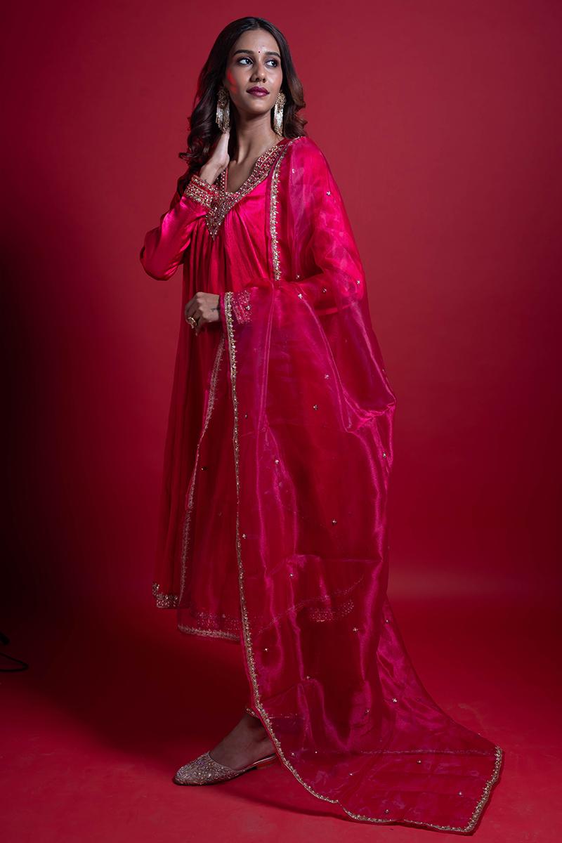 Hot Pink Pure Gaji Silk Suit Set