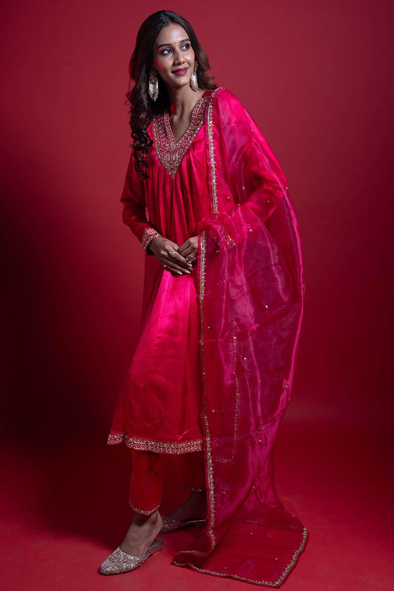 Hot Pink Pure Gaji Silk Suit Set